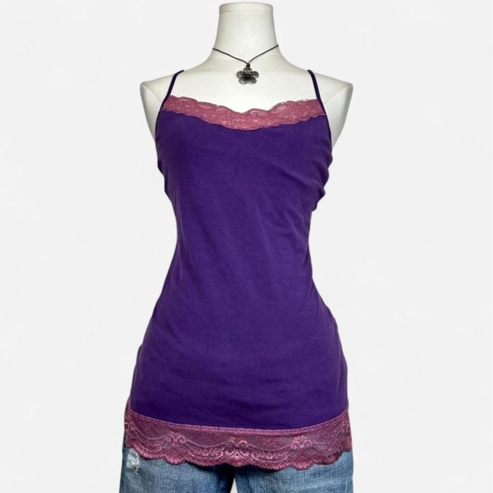 Y2K Express Pink Purple Lace Trim Tank Top Summer Coquette
